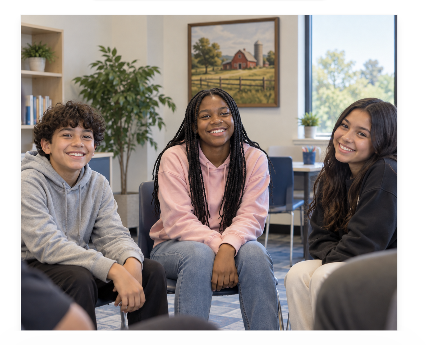 Three smiling teenagers sit together in a welcoming group therapy room.