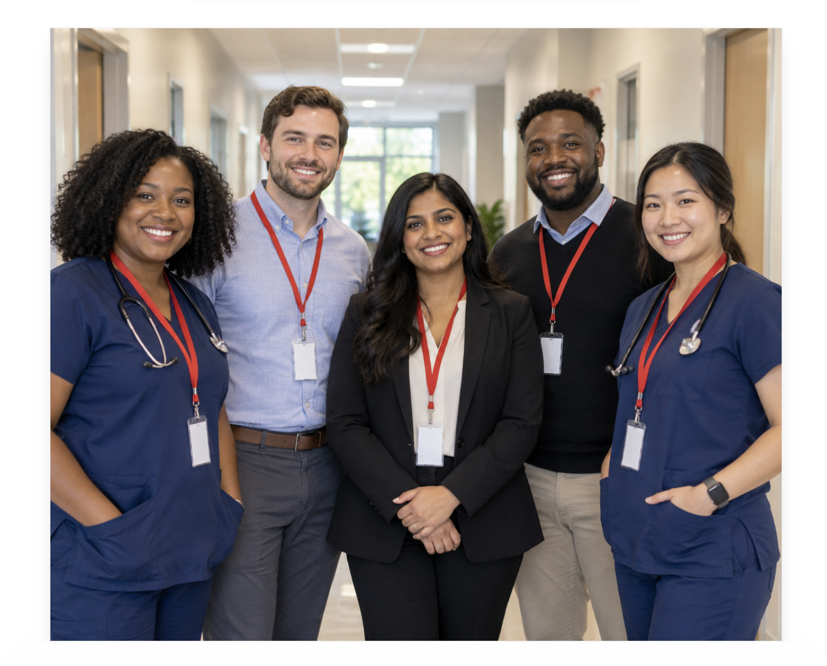 Five diverse behavioral health professionals wearing red lanyards stand together smiling in a clinical hallway.