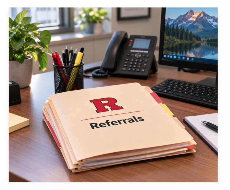 Rutgers referrals folders on an office desk beside a computer and telephone.
