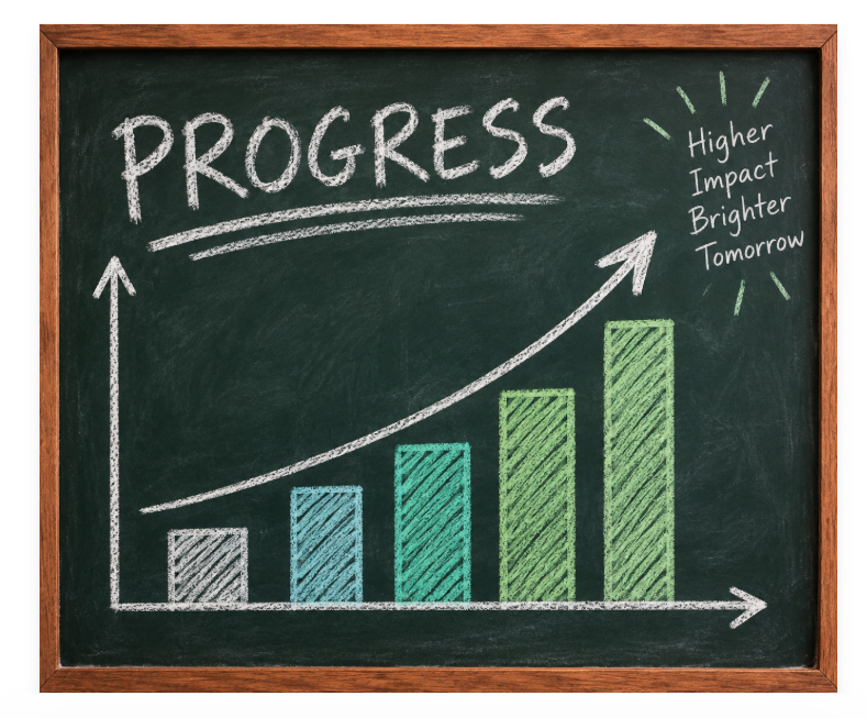 Chalkboard graph with rising bars and an upward arrow illustrating continued progress.