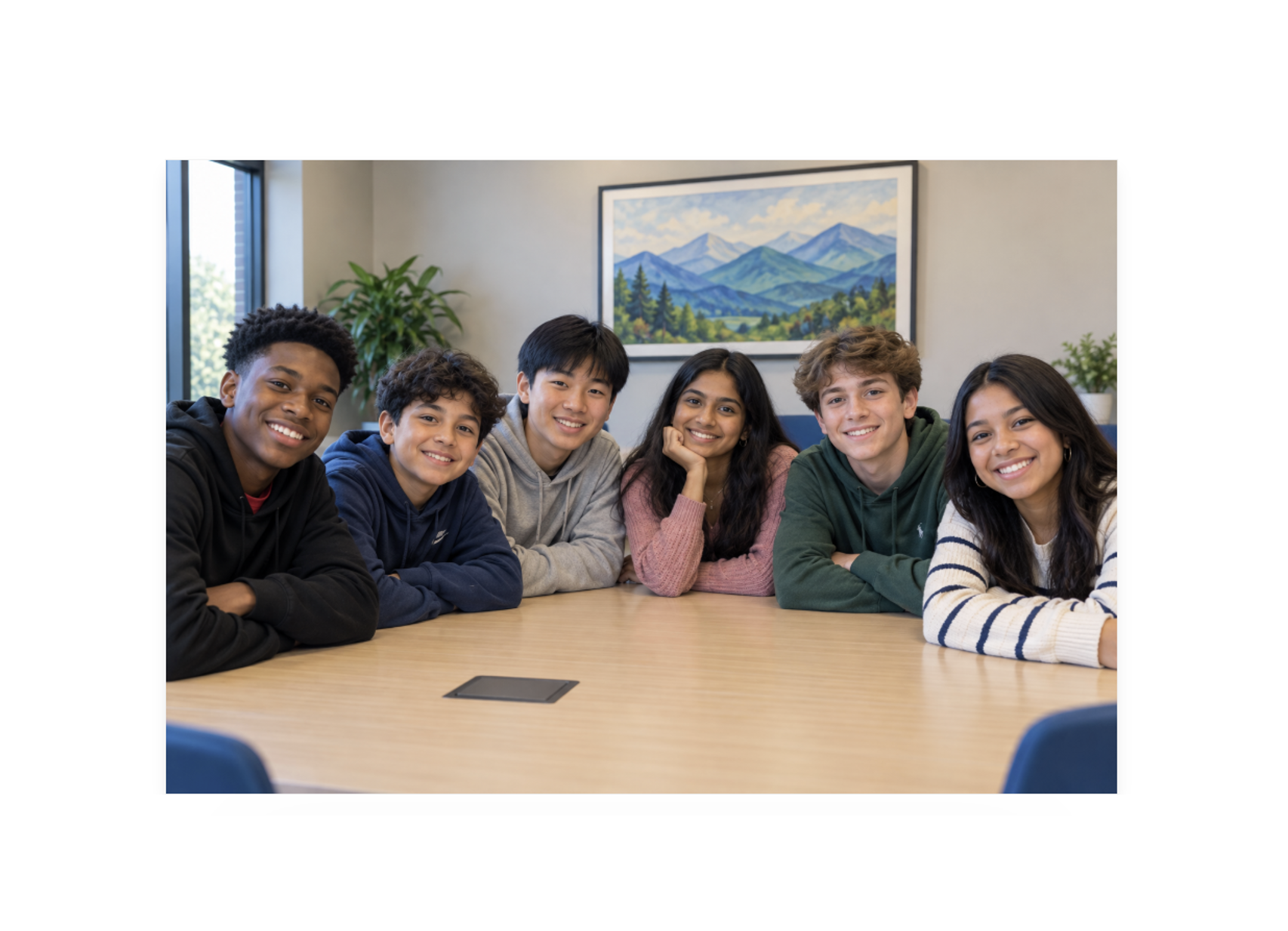 Six diverse children and teens smiling together around a table in a group room.