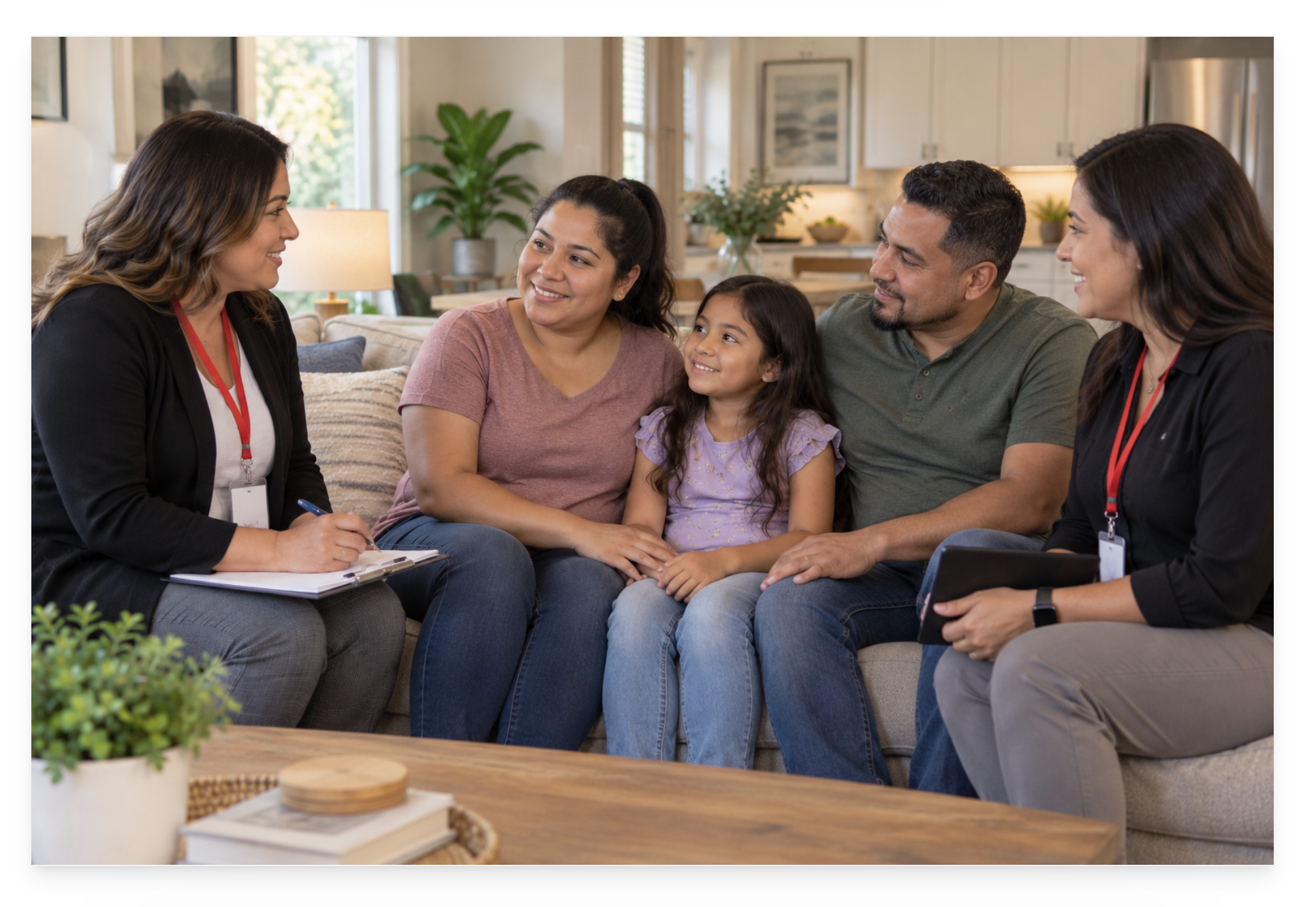 Family meeting with two mobile response staff members in a home setting.