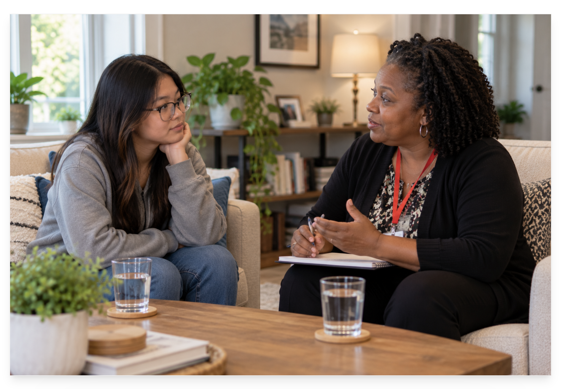 Therapist speaks with an Asian teenager during an in-home counseling session.