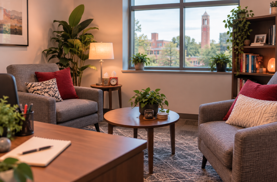 Comfortable therapy office with cushioned chairs in a welcoming Rutgers setting.