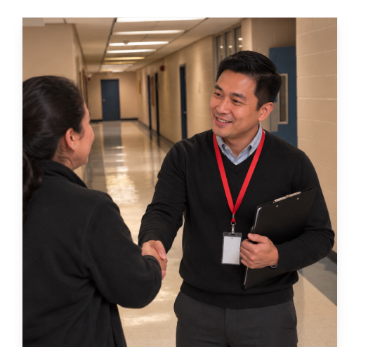 Behavioral health professional with a red lanyard and clipboard shaking hands with a family member in a hospital hallway.