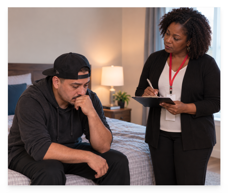 Mental health professional taking notes while speaking with a man experiencing distress in his home.