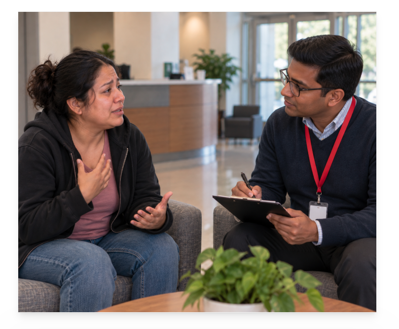 Mental health professional with a red lanyard and clipboard listening to a woman experiencing emotional distress.