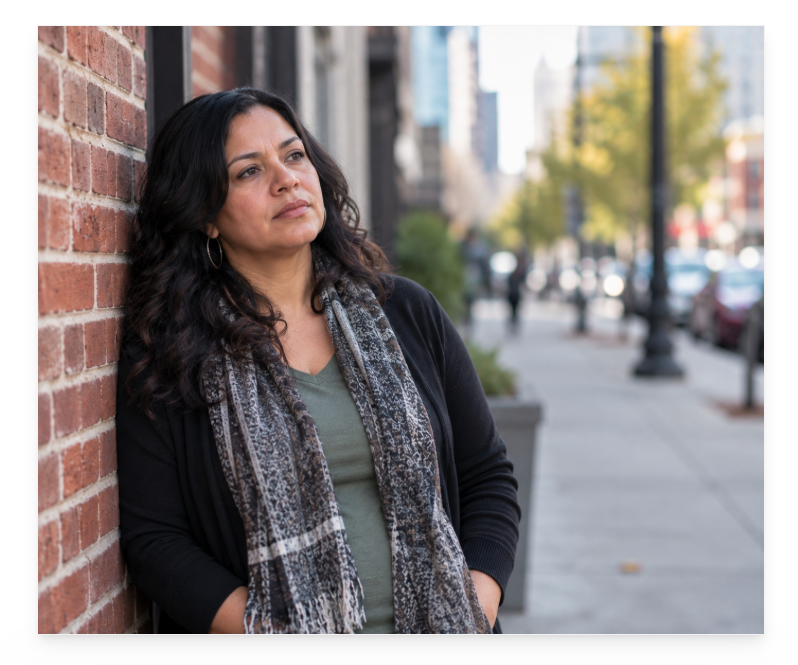 Woman in her 40s leaning against a brick wall and looking thoughtfully into the distance.
