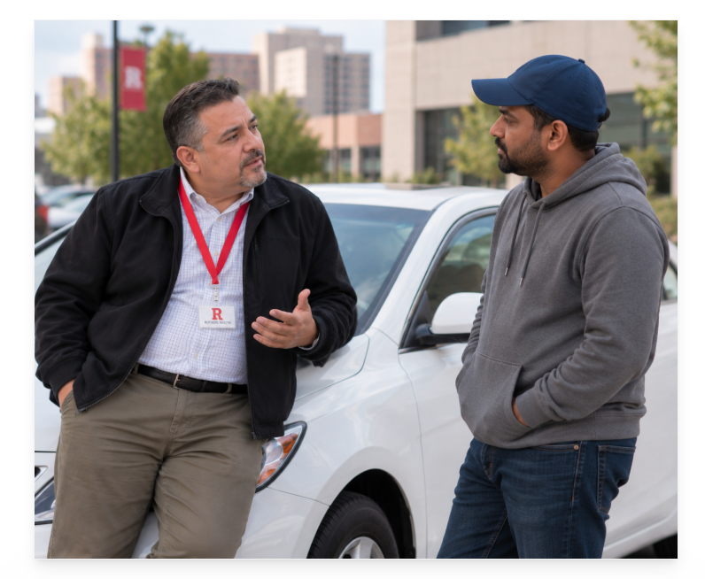 Behavioral health professional with a red lanyard talking with a man beside a white car.