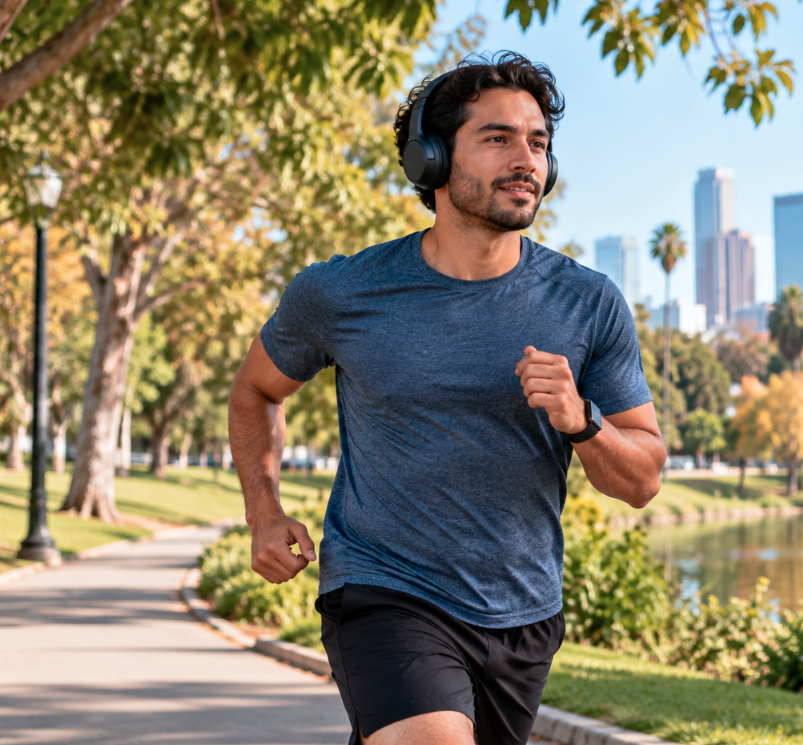 Man wearing headphones runs along a park path beside a lake with a city skyline in the background.
