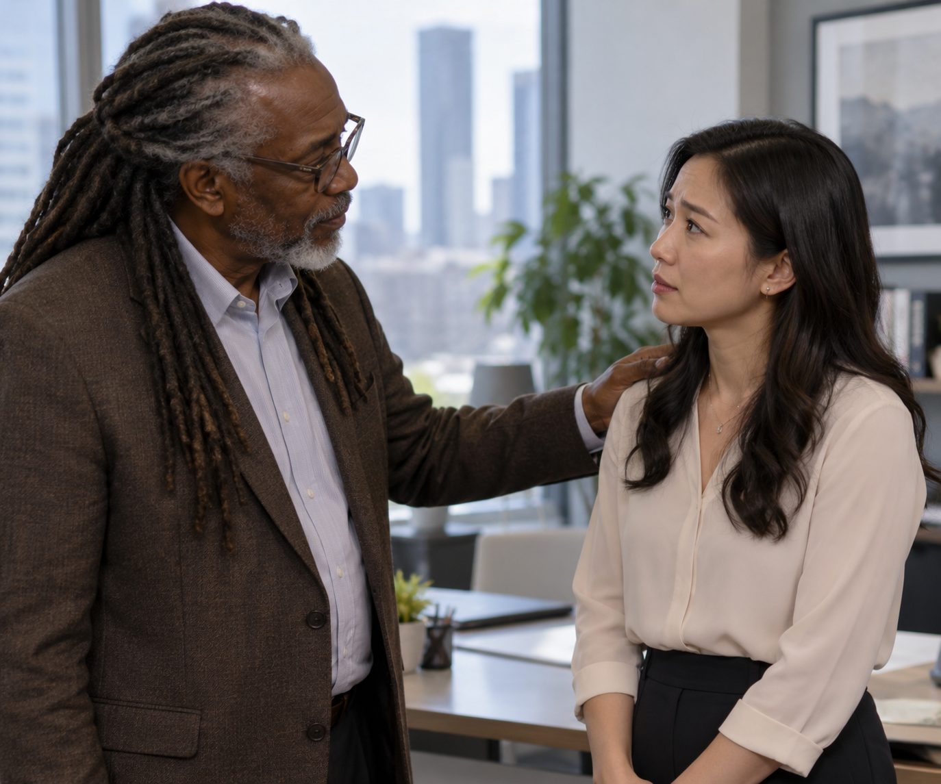 Older Black man with dreadlocks and glasses places a reassuring hand on a Chinese woman’s shoulder as they make eye contact in an office.